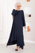 Full-Length Buttoned Aerobin Hijab 2 Piece Set, Navy Blue