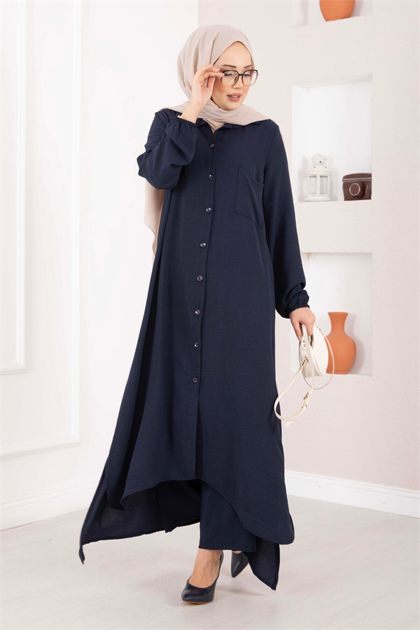 Full-Length Buttoned Aerobin Hijab 2 Piece Set, Navy Blue
