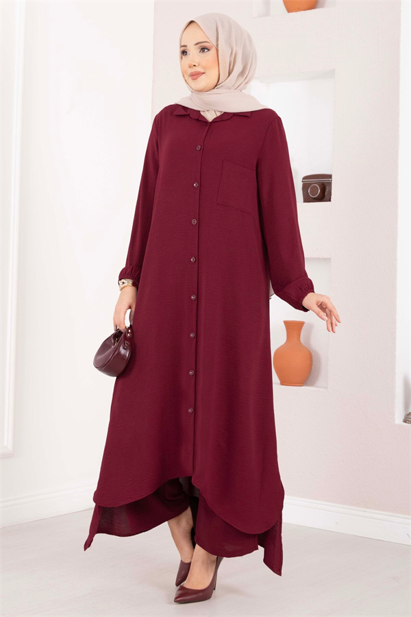 Full-Length Buttoned Aerobin Hijab 2 Piece Set, Burgundy