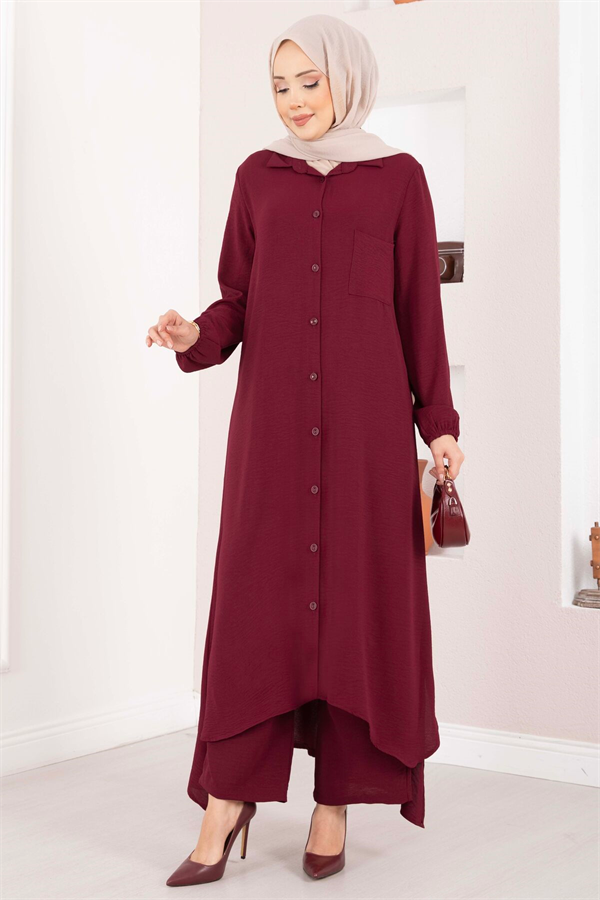 Full-Length Buttoned Aerobin Hijab 2 Piece Set, Burgundy