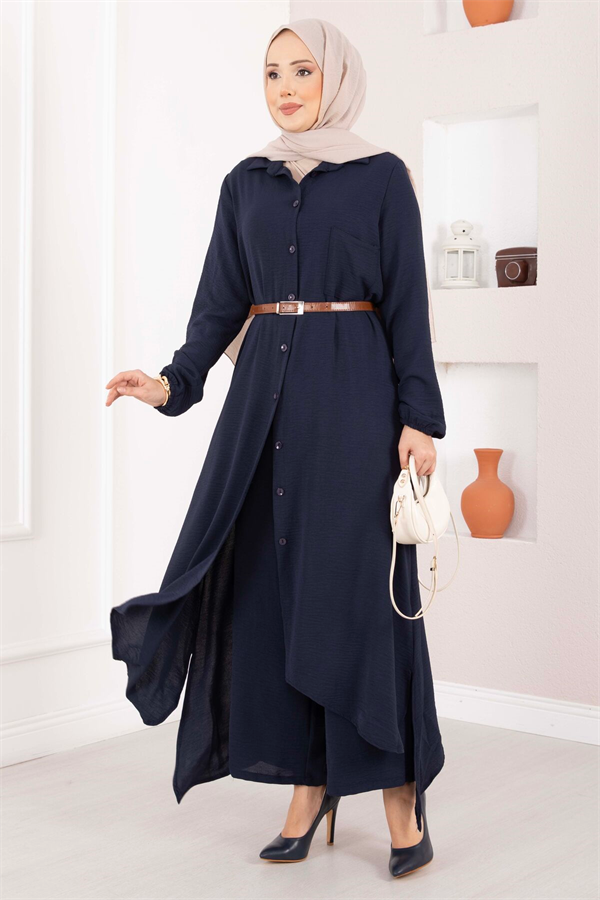 Full-Length Buttoned Aerobin Hijab 2 Piece Set, Navy Blue