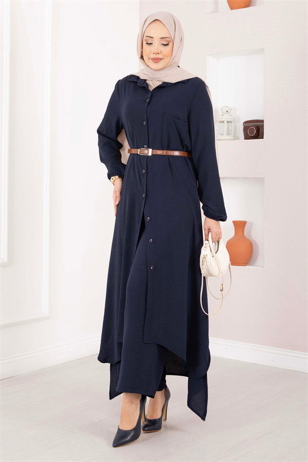 Full-Length Buttoned Aerobin Hijab 2 Piece Set, Navy Blue