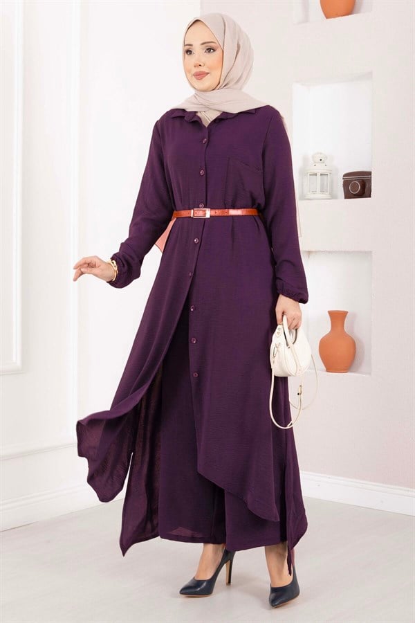 Full-Length Buttoned Aerobin Hijab 2 Piece Set, Plum