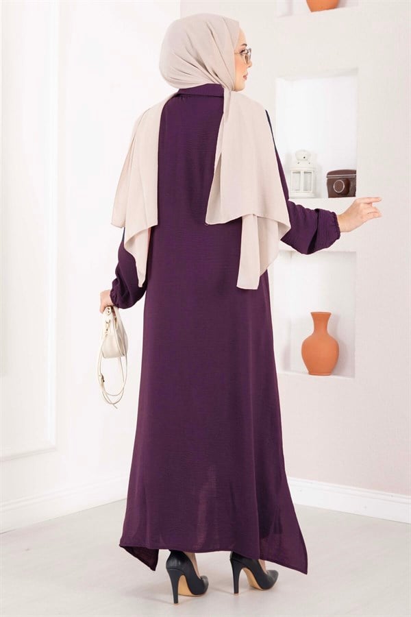 Full-Length Buttoned Aerobin Hijab 2 Piece Set, Plum