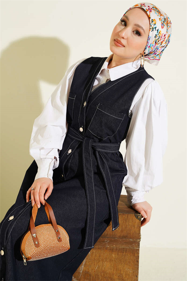 Full-length button-down, double-pocket denim vest, navy blue.