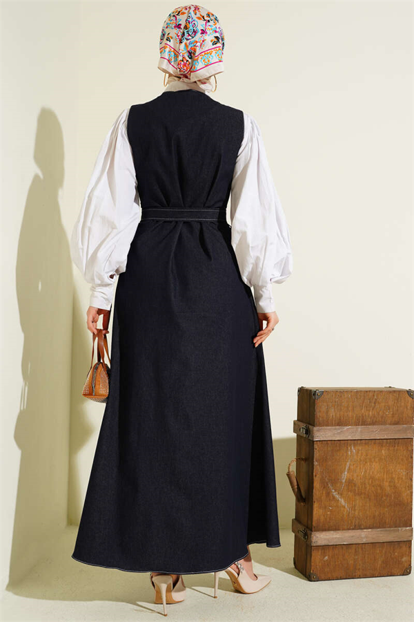 Full-length button-down, double-pocket denim vest, navy blue.