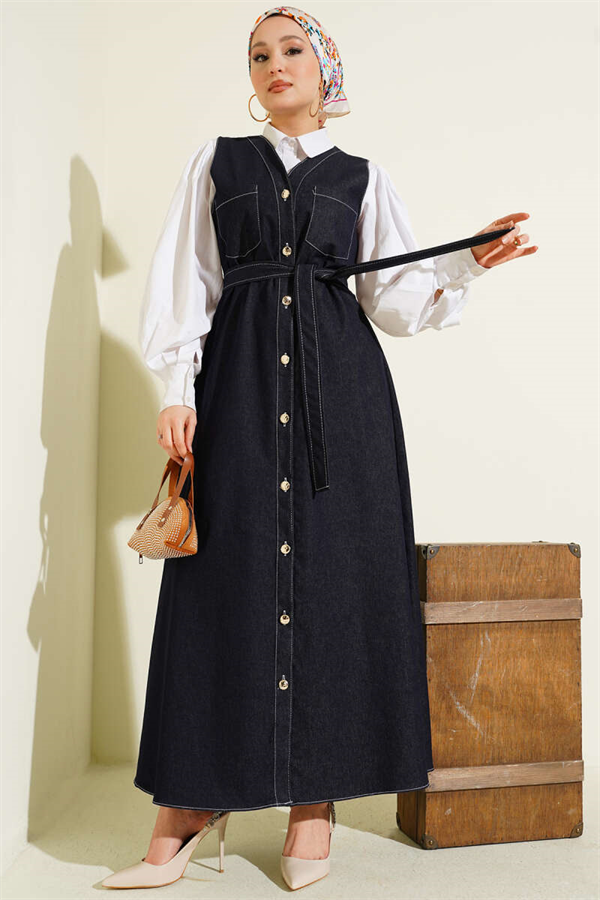 Full-length button-down, double-pocket denim vest, navy blue.