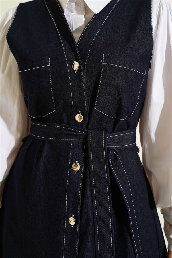 Full-length button-down, double-pocket denim vest, navy blue.