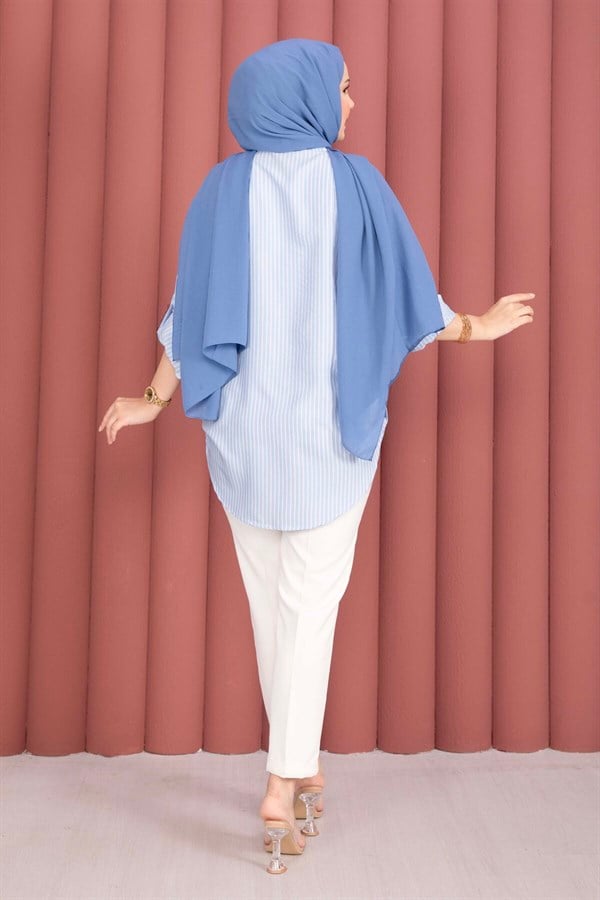 Full-Length Buttoned Striped Shirt, Baby Blue