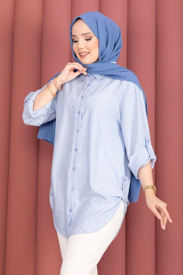 Full-Length Buttoned Striped Shirt, Baby Blue