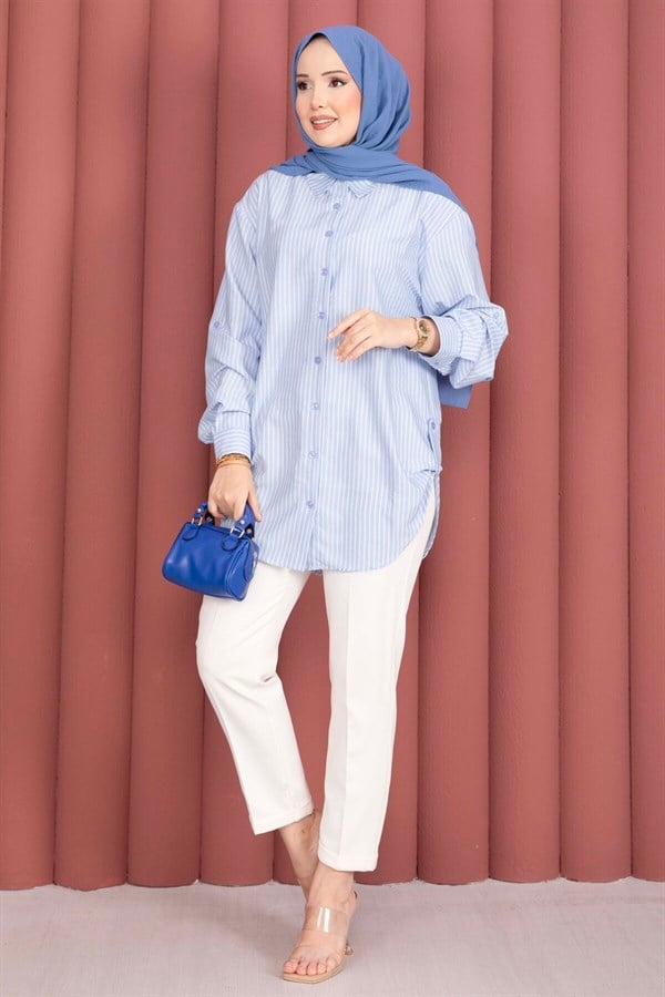Full-Length Buttoned Striped Shirt, Baby Blue