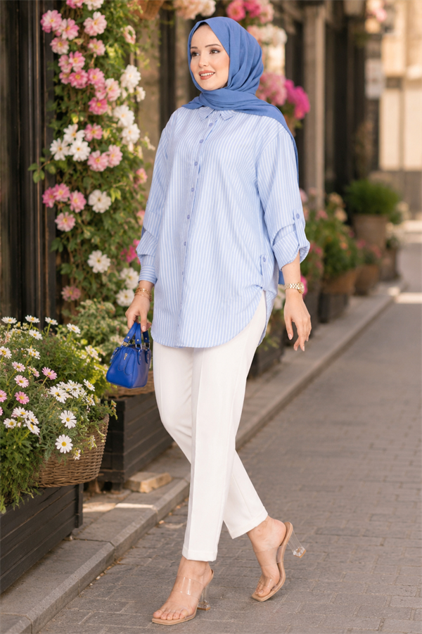 Full-Length Buttoned Striped Shirt, Baby Blue