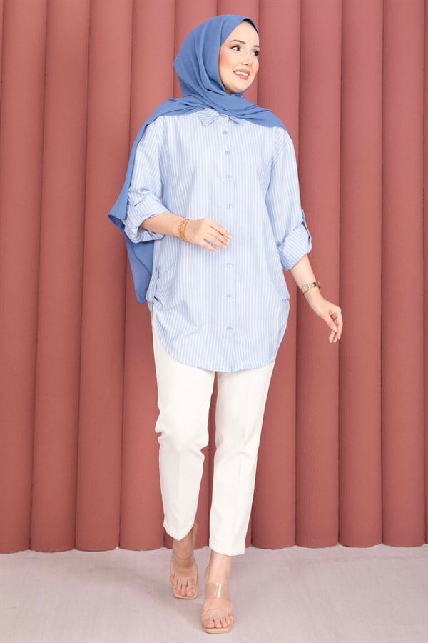 Full-Length Buttoned Striped Shirt, Baby Blue