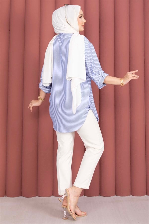 Full-Length Buttoned Striped Shirt Indigo