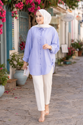 Full-Length Buttoned Striped Shirt Indigo