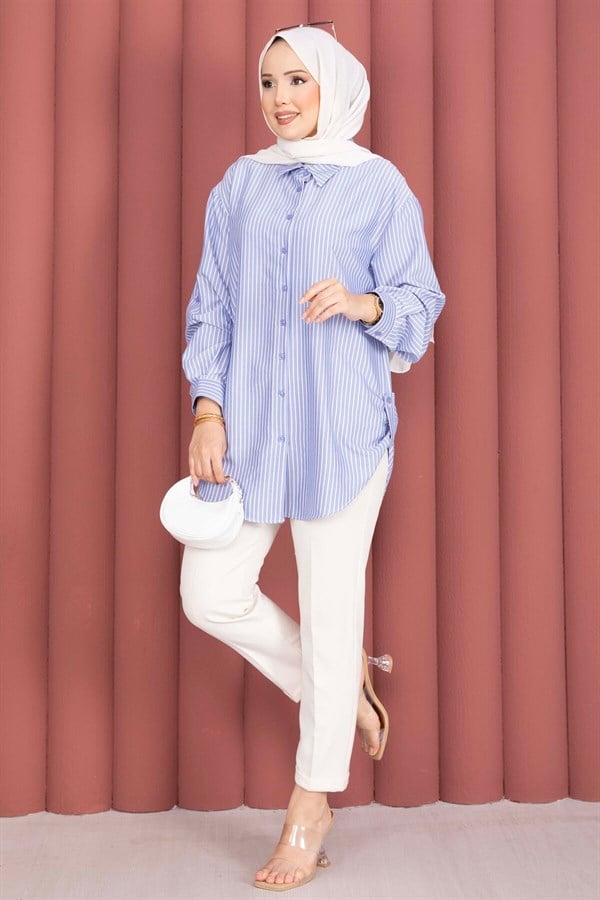 Full-Length Buttoned Striped Shirt Indigo