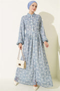 Full-Length Buttoned Dress with Pattern Detail, Indigo