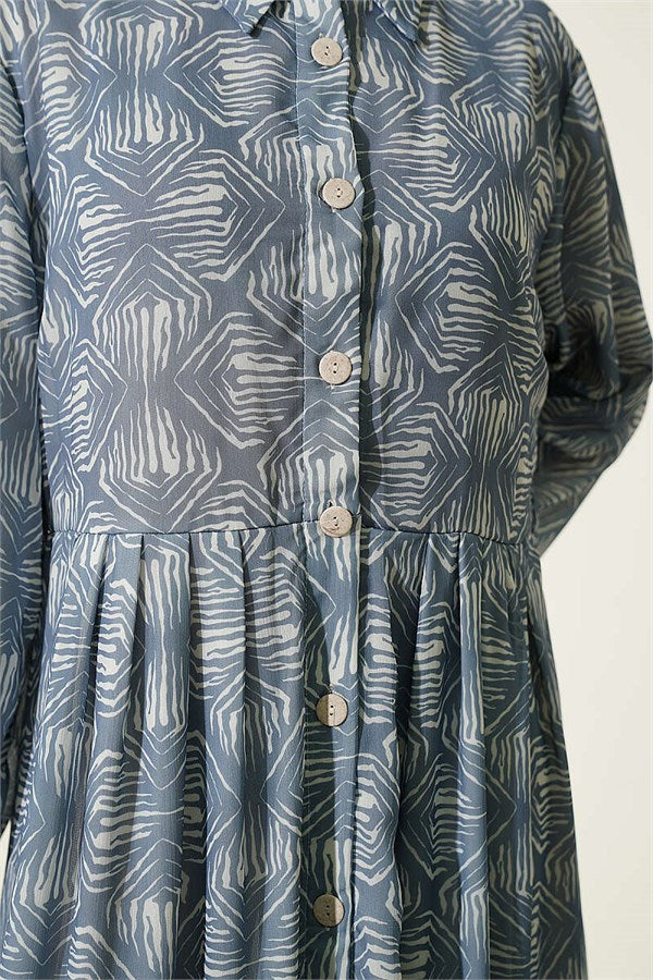 Full-Length Buttoned Dress with Pattern Detail, Indigo