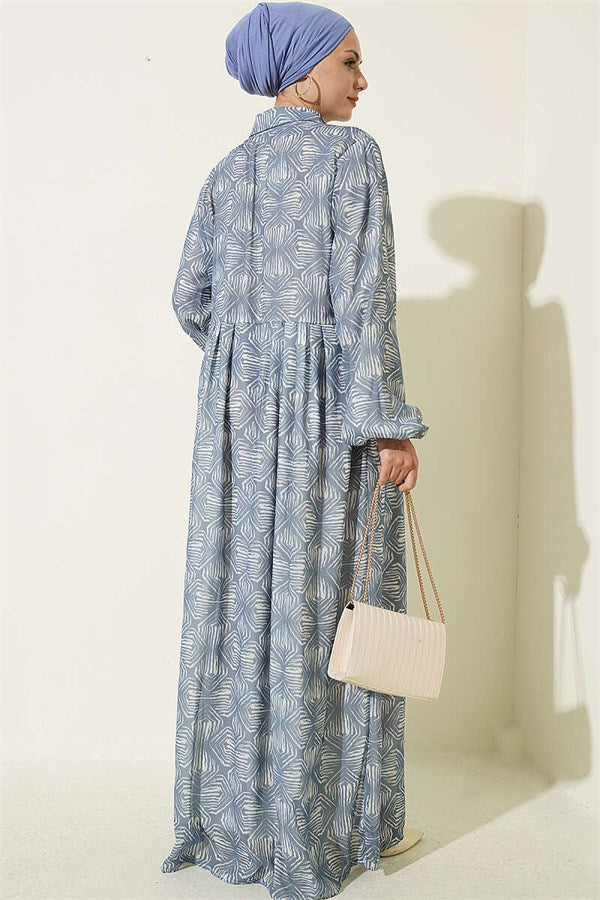 Full-Length Buttoned Dress with Pattern Detail, Indigo