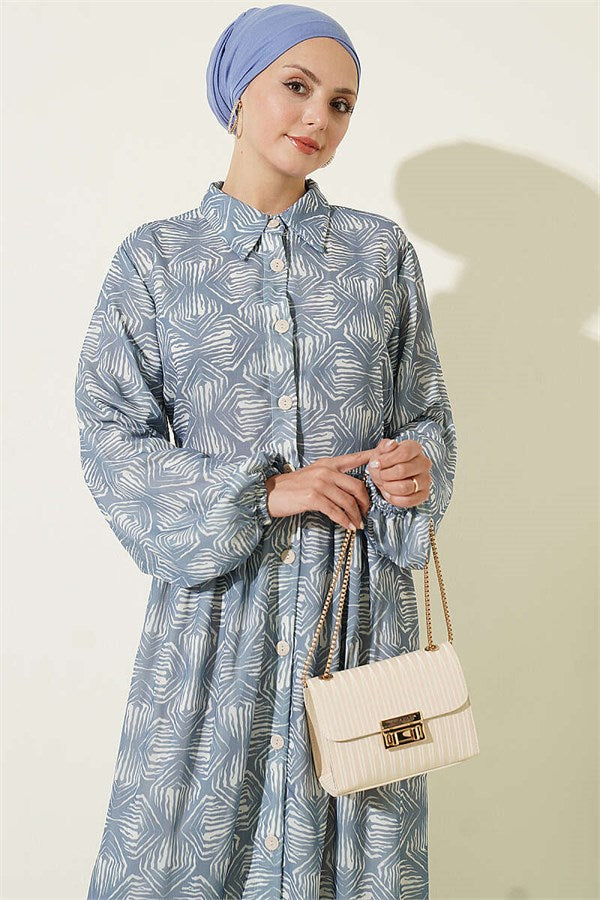 Full-Length Buttoned Dress with Pattern Detail, Indigo