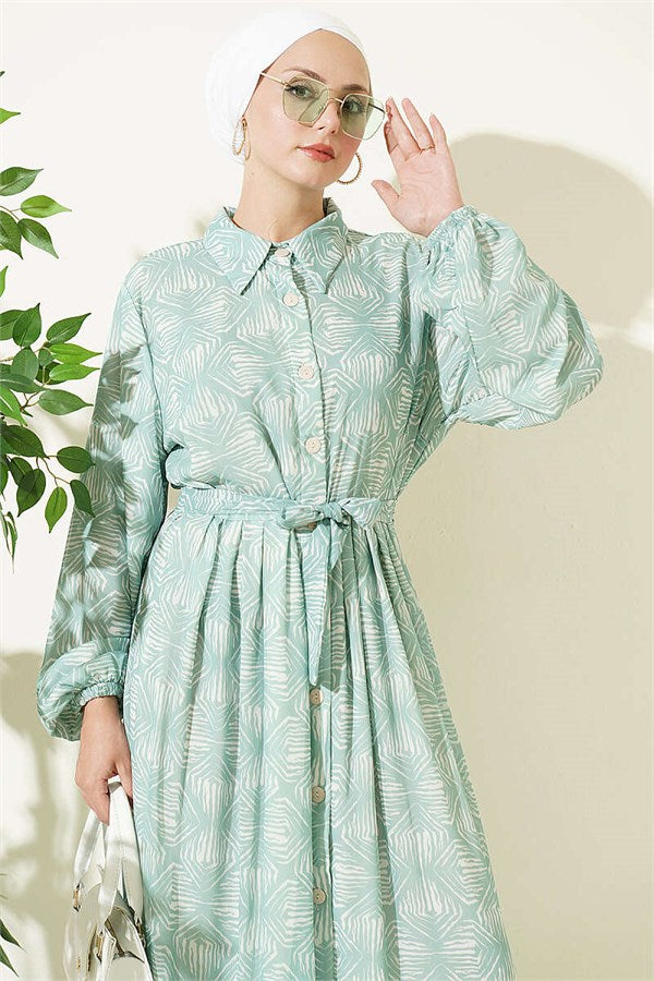 Button-Down Dress with Pattern Detail, Mint Color
