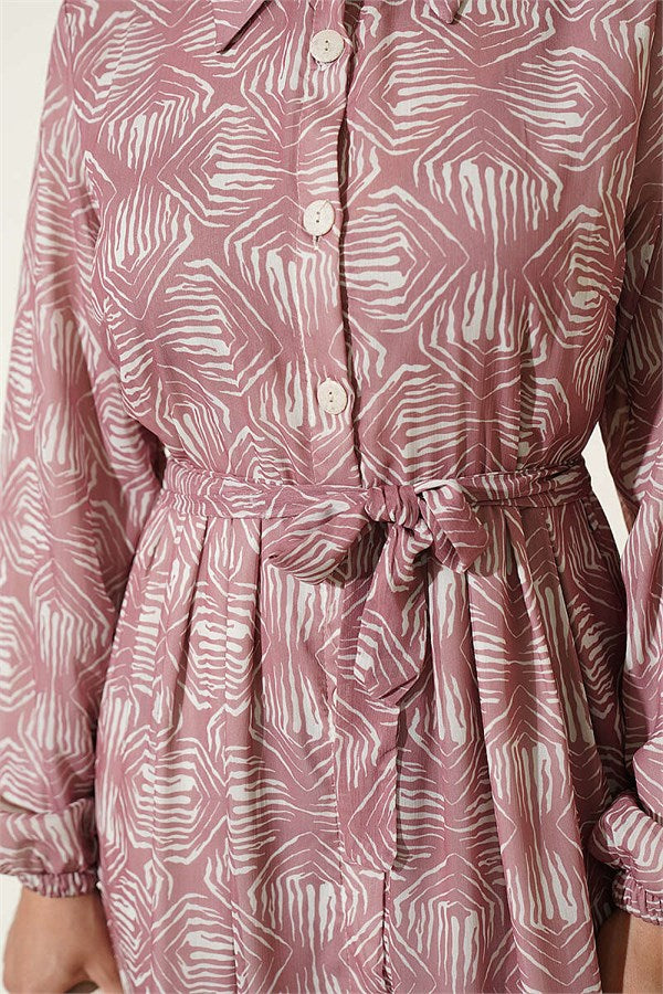 Full-Length Buttoned Dress with Pattern Detail in Powder Pink