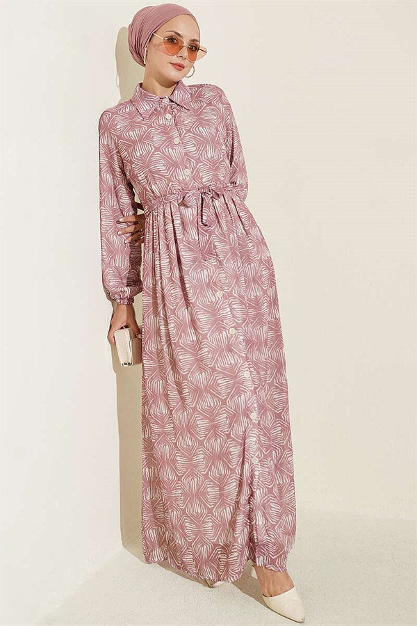 Full-Length Buttoned Dress with Pattern Detail in Powder Pink