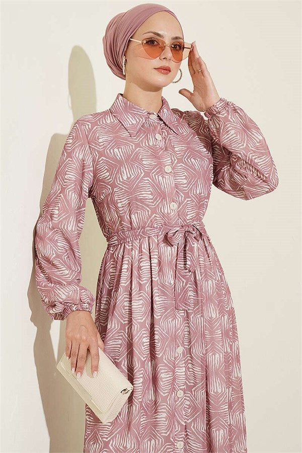 Full-Length Buttoned Dress with Pattern Detail in Powder Pink