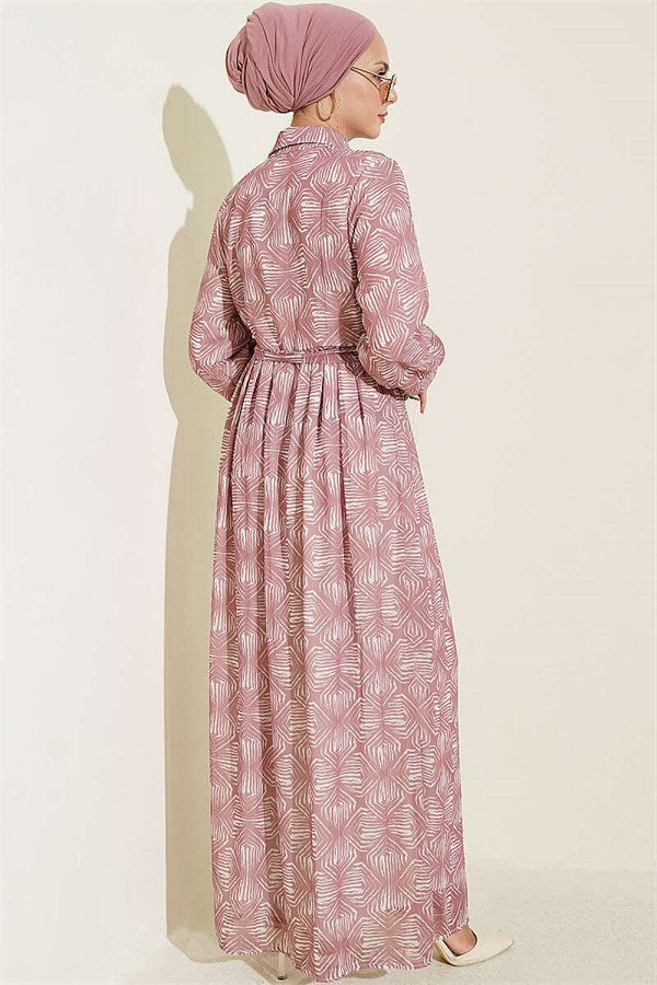 Full-Length Buttoned Dress with Pattern Detail in Powder Pink