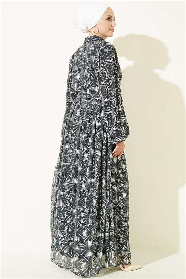 Full-Length Buttoned Dress with Pattern Detail, Emerald Green