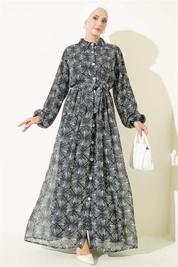 Full-Length Buttoned Dress with Pattern Detail, Emerald Green