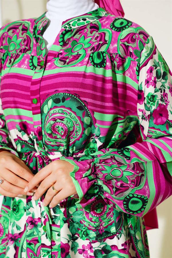 Buttoned Patterned Dress Fuchsia Green