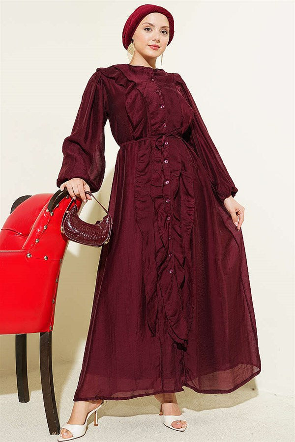 Button-down, ruffled dress with drawstring belt, burgundy.