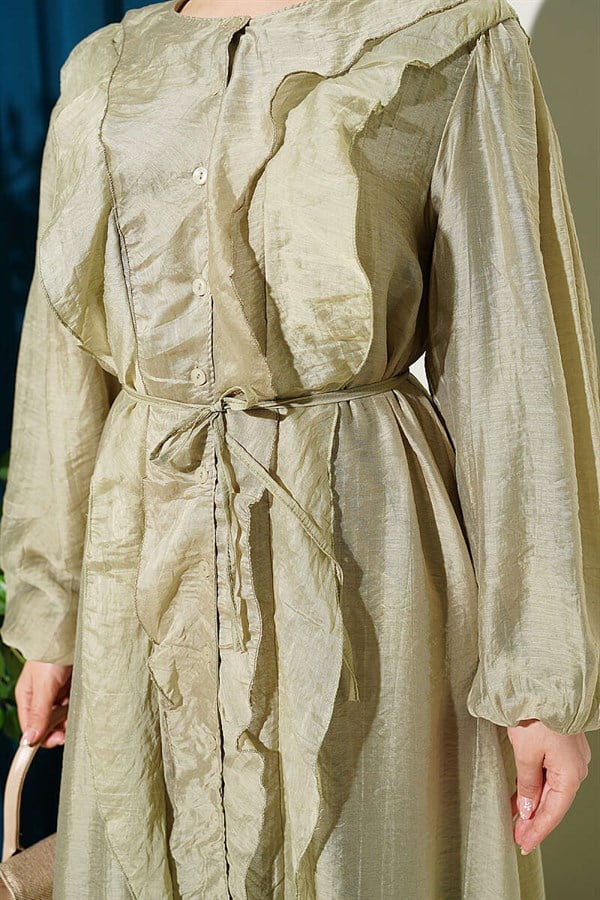 Full-Length Buttoned Ruffled Dress with Strappy Belt, Light Green