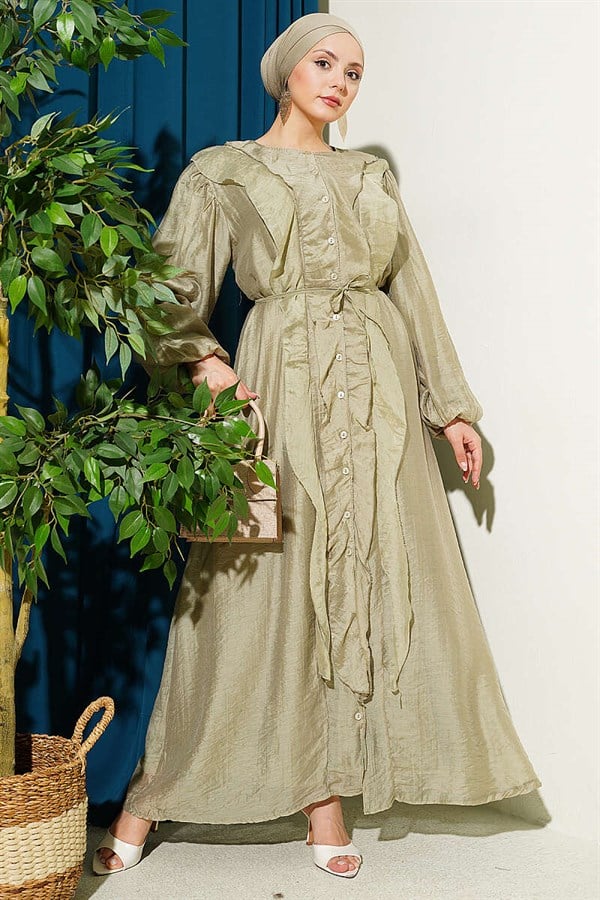 Full-Length Buttoned Ruffled Dress with Strappy Belt, Light Green