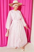 Pink Button-Down Ruffled Dress with String Belt