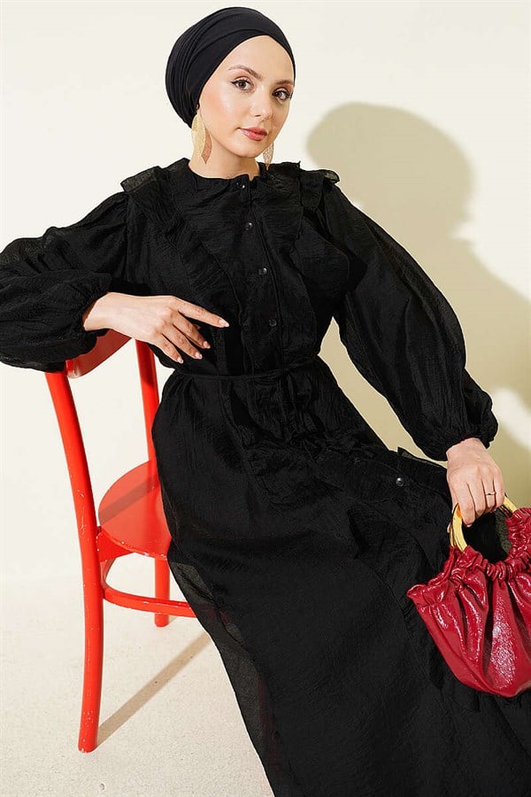 Button-down, ruffled dress with drawstring detail, black.