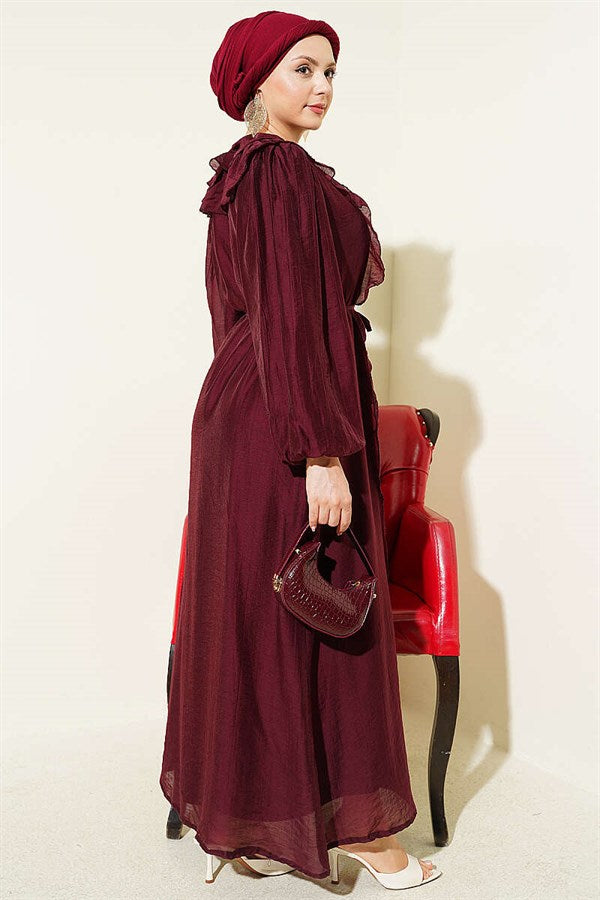 Button-down, ruffled dress with drawstring belt, burgundy.