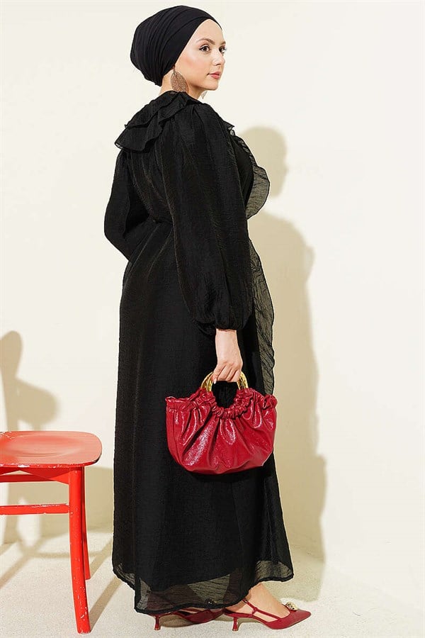 Button-down, ruffled dress with drawstring detail, black.