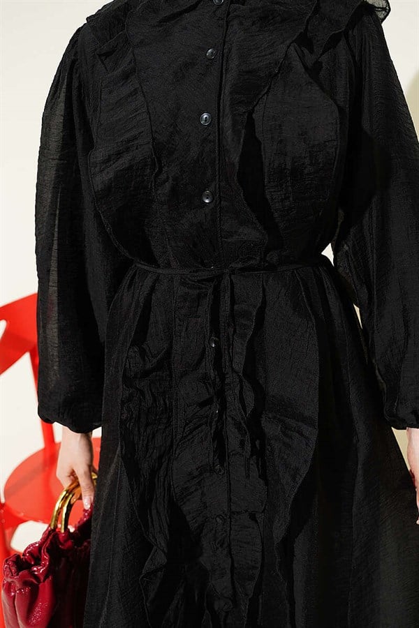 Button-down, ruffled dress with drawstring detail, black.
