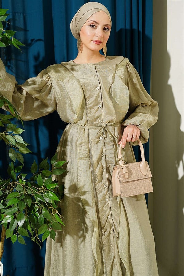 Full-Length Buttoned Ruffled Dress with Strappy Belt, Light Green