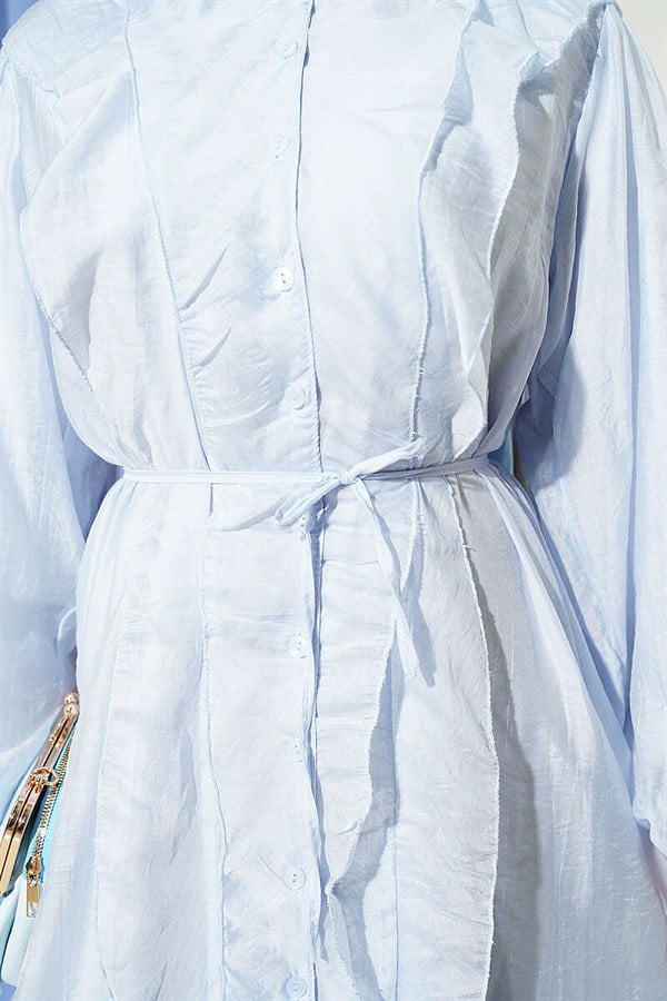 Full-Length Buttoned Ruffled Dress with String Belt, Baby Blue