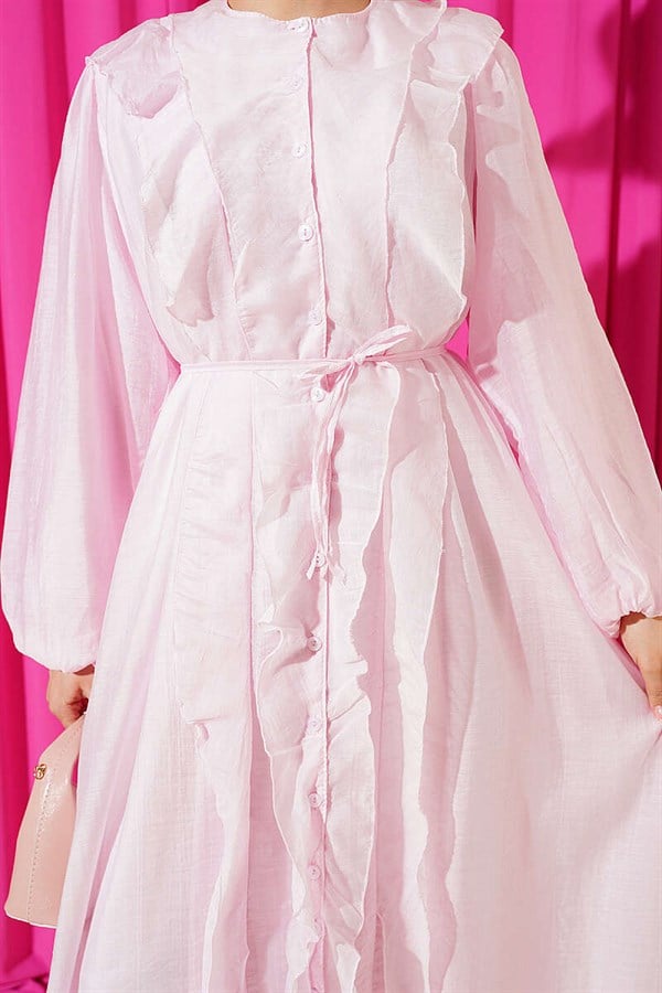 Pink Button-Down Ruffled Dress with String Belt