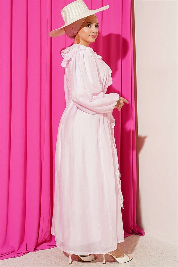 Pink Button-Down Ruffled Dress with String Belt
