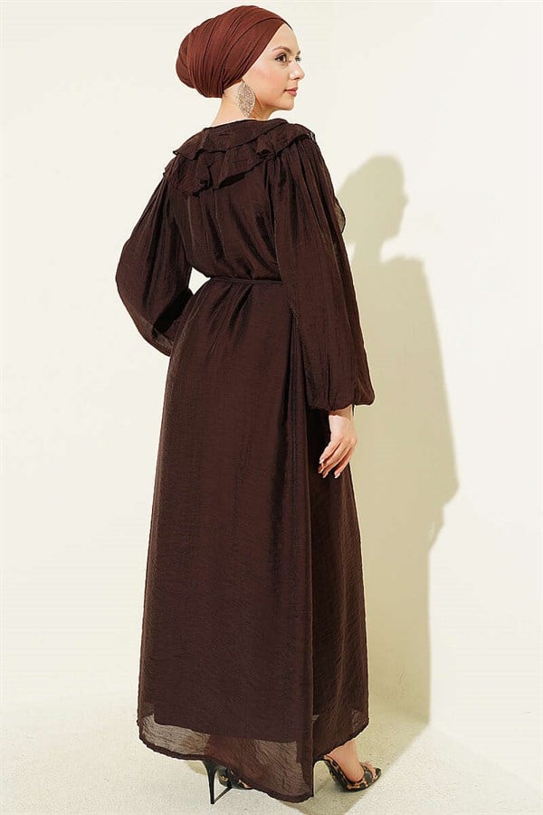 Full-Length Buttoned Ruffled Dress with String Belt, Brown