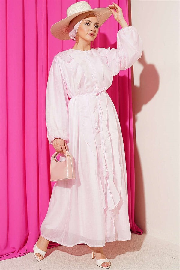 Pink Button-Down Ruffled Dress with String Belt