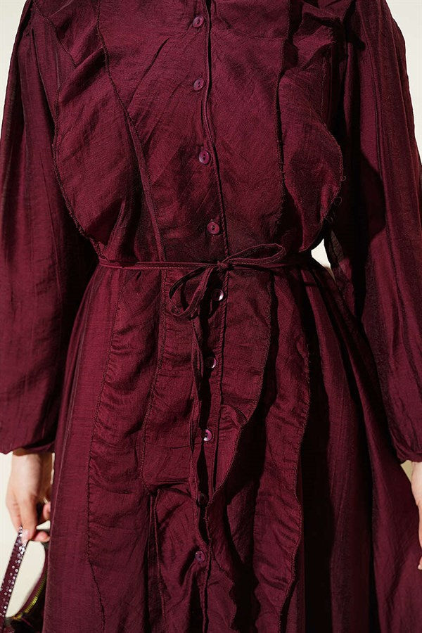 Button-down, ruffled dress with drawstring belt, burgundy.