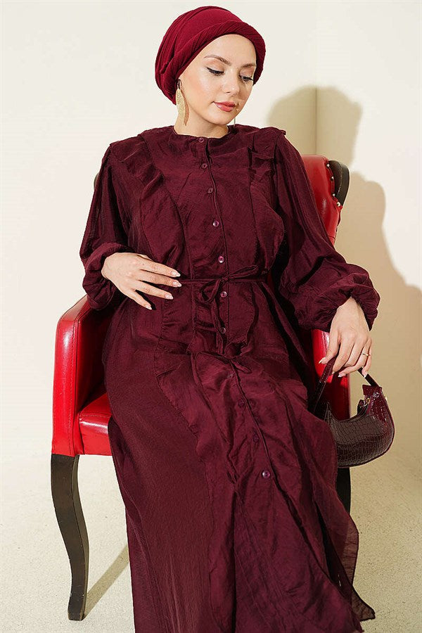 Button-down, ruffled dress with drawstring belt, burgundy.