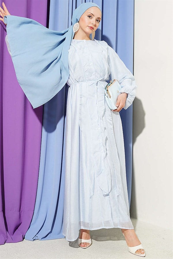 Full-Length Buttoned Ruffled Dress with String Belt, Baby Blue