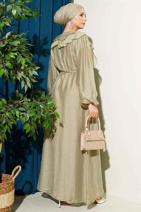 Full-Length Buttoned Ruffled Dress with Strappy Belt, Light Green